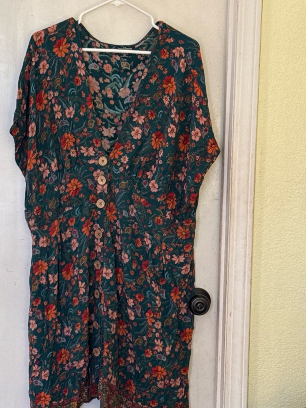 Angie Teal Floral Button-Front Dress with Orange and Pink Blooms
